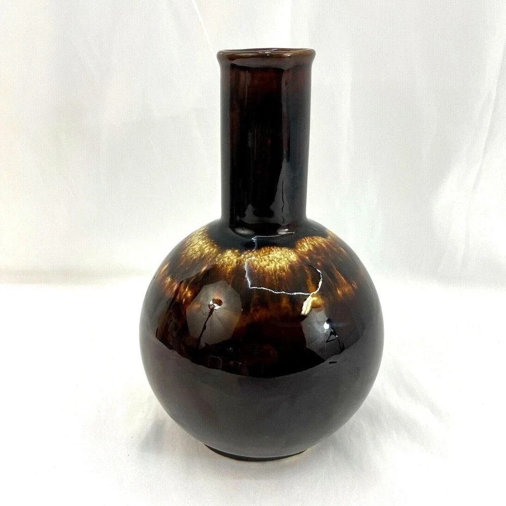 Vintage‎ Brown Drip Glaze Vase Unbranded Round Bottom Cylinder Shaped Top